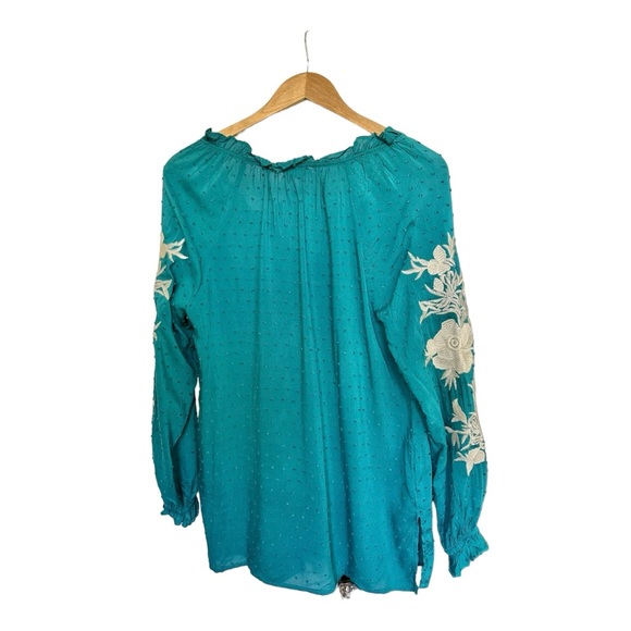 Solitaire Tunic Embroidered Peasant Blouse Turquoise Ruffled Neck Ties Size S - Picture 3 of 13